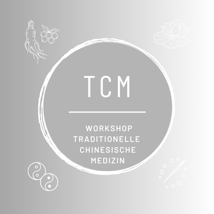 Der Schriftzug TCM Workshop Traditionelle Chinesische Medizin ist von einigen Zeichnungen von gesunden Nahrungsmitteln, sowie dem Yin und Yang Symbol umgeben.